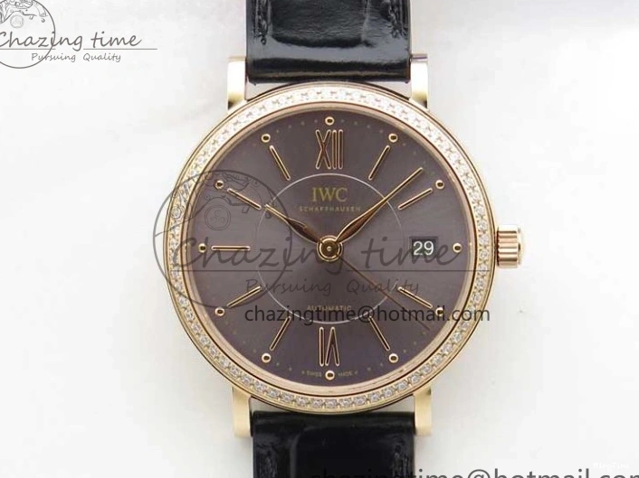 MIROTIME 1218 Durable Portofino 37mm RG V7F 1:1 Best Edition Gray Dial Diamonds Bezel on Black Leather Strap A 7089